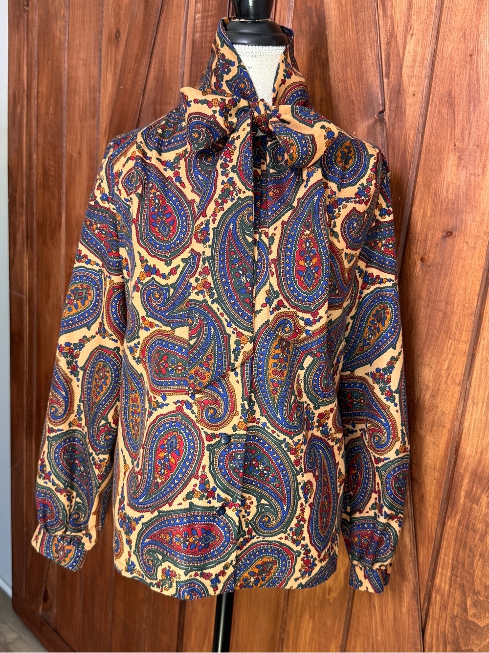 Vintage Paisley Tie-Neck Blouse by Vintage — Tan, Blue, Red - Picture 4 of 6